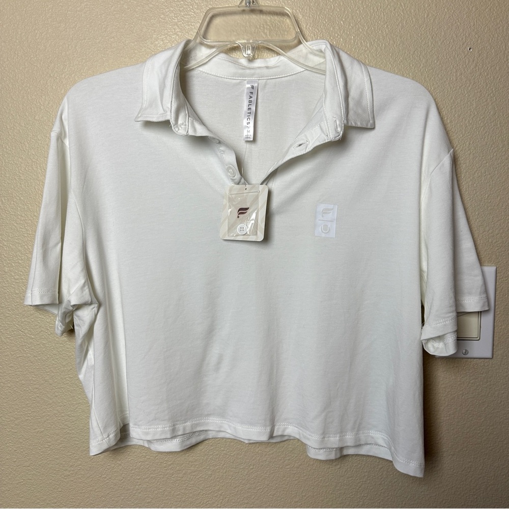Fabletics Boxy Cropped Short Sleeve Polo Tennis Top White NWT Size M